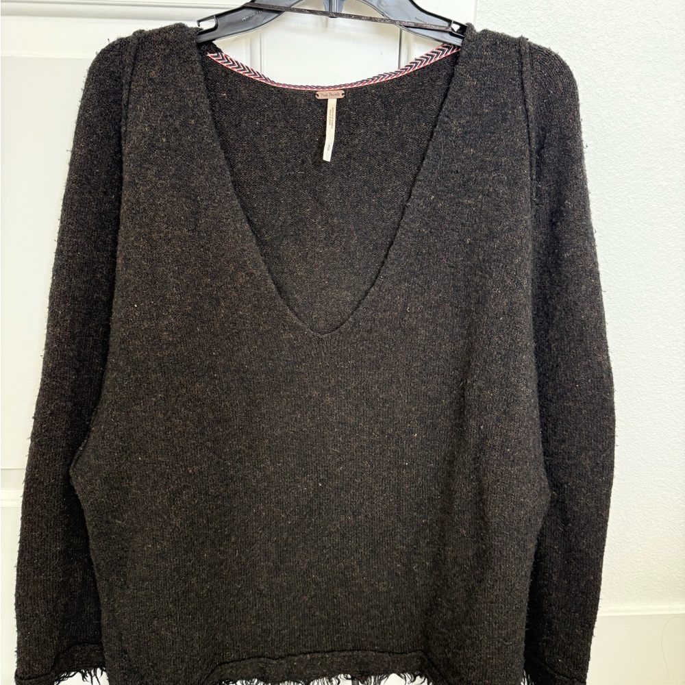 Free People Black V-Neck Sweater with Long Sleeves